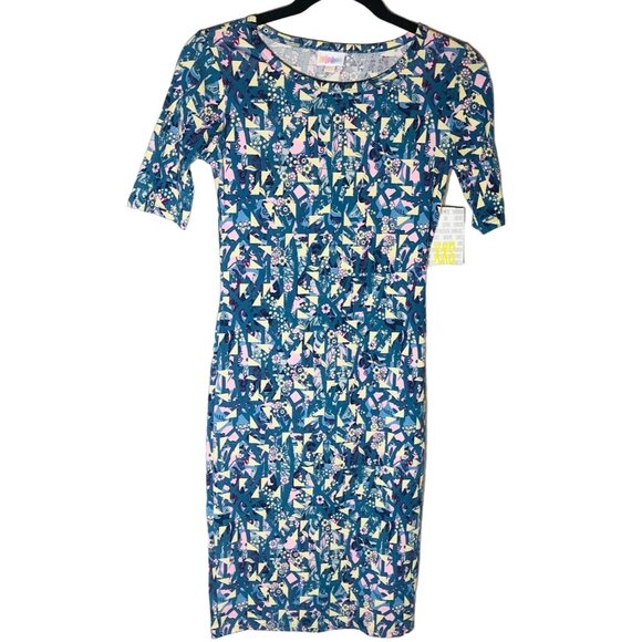 LuLaRoe Julia dress short sleeve geometric blue & pink size xxs new READ - Picture 1 of 12